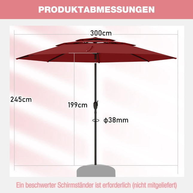 Windfester Ampelschirm, 300 cm, mit Knickfunktion und Kurbel, Rot