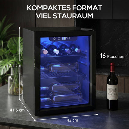 Wine Cooler 16 Bottles 48 L with Glass Door and LED Light, 4-16°C, Black