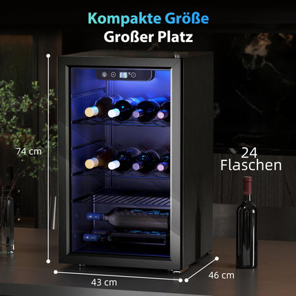 Weinkühlschrank, 24 Flaschen, 68L, 4–16C, Glastür, Schwarz