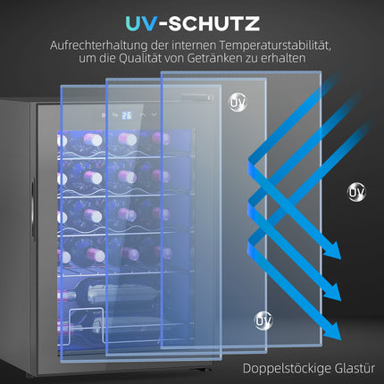 Weinkühlschrank 20 Flaschen, Anti-UV-Glas, LED-Beleuchtung