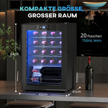 Weinkühlschrank 20 Flaschen, Anti-UV-Glas, LED-Beleuchtung