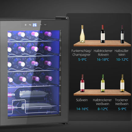 Weinkühlschrank 20 Flaschen, Anti-UV-Glas, LED-Beleuchtung