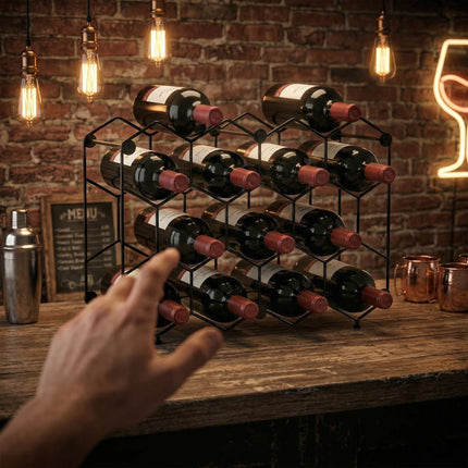 Weinregal für 13 Flaschen, Metall, verstellbare Füße, Schwarz