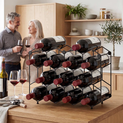 Weinregal für 13 Flaschen, Metall, verstellbare Füße, Schwarz