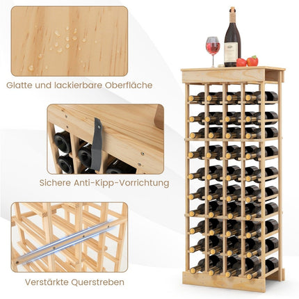 Weinregal aus Massivholz für 40 Flaschen mit Kippschutz, Weinhalter, Natur
