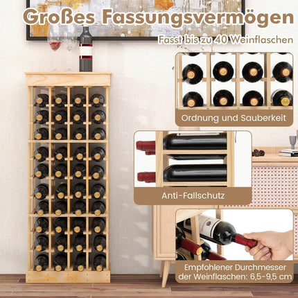 Weinregal aus Massivholz für 40 Flaschen mit Kippschutz, Weinhalter, Natur