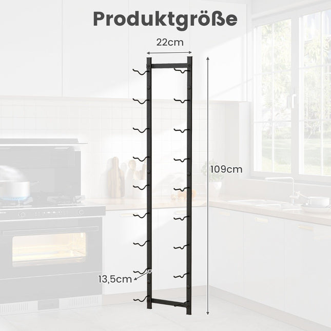 Nástěnný stojan na víno na 9 lahví, kovový držák lahví 22 x 13.5 x 109 cm černý