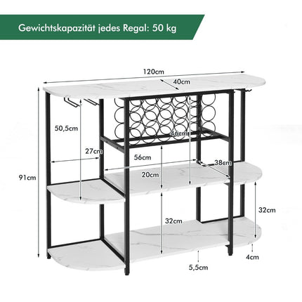 Casier à vin avec porte-verres et étagères 3 niveaux pour 18 bouteilles de vin et 8 verres 120 x 40 x 91 cm blanc