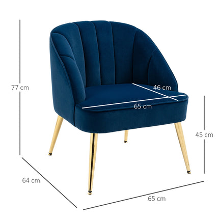 Fauteuil à oreilles, fauteuil de salon, fauteuil rembourré aspect velours, fauteuil de relaxation, fauteuil avec pieds en acier, fauteuil de maquillage, bleu foncé, 65 x 64 x 77 cm