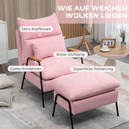 Wing chair with stool, tilting backrest, pink upholstery