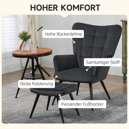 Dunkelgrauer Ohrensessel und Hocker in Samtoptik, 120 kg Tragkraft