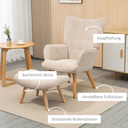 Manchester Lounge Wing Chair with Ottoman, beige upholstery