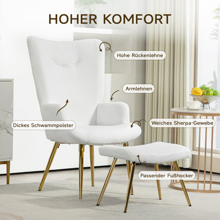 Weißer Ohrensessel mit Hocker - Sherpa-Bezug, hohe Rückenlehne