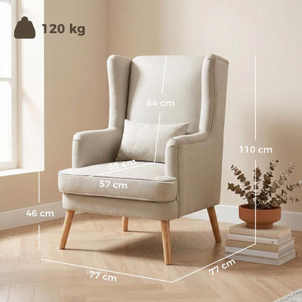 Ušácké křeslo, vzhled lnu béžové, bederní polštář