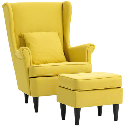 Ohrensessel mit Ottoman, Gelbe Leinenoptik