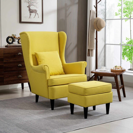 Ohrensessel mit Ottoman, Gelbe Leinenoptik