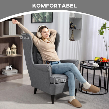Ohrensessel mit Ottomane, grauer Stoff, Beine aus Kautschukholz