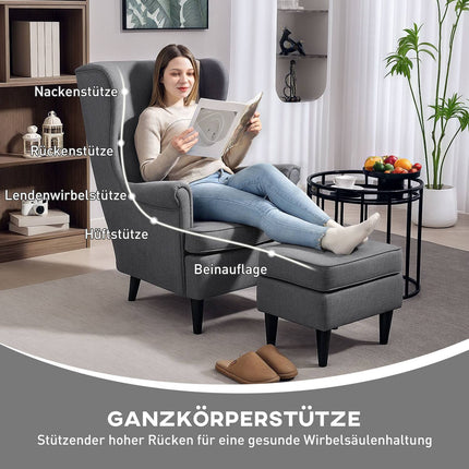 Ohrensessel mit Ottomane, grauer Stoff, Beine aus Kautschukholz