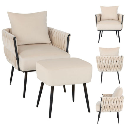 Wing chair with stool armchair with soft cushion braided backrest 58 cm seat depth white