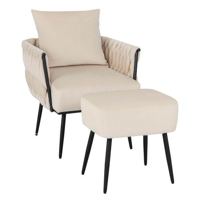 Wing chair with stool armchair with soft cushion braided backrest 58 cm seat depth white