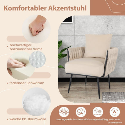 Wing chair with stool armchair with soft cushion braided backrest 58 cm seat depth white