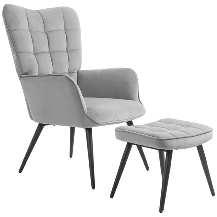 Fauteuil à oreilles avec tabouret, fauteuil lounge, fauteuil de relaxation, fauteuil rembourré aspect velours, fauteuil TV, chaise de salle à manger jusqu'à 120 kg, gris clair