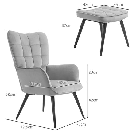 Fauteuil à oreilles avec tabouret, fauteuil lounge, fauteuil de relaxation, fauteuil rembourré aspect velours, fauteuil TV, chaise de salle à manger jusqu'à 120 kg, gris clair