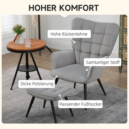 Fauteuil à oreilles avec tabouret, fauteuil lounge, fauteuil de relaxation, fauteuil rembourré aspect velours, fauteuil TV, chaise de salle à manger jusqu'à 120 kg, gris clair