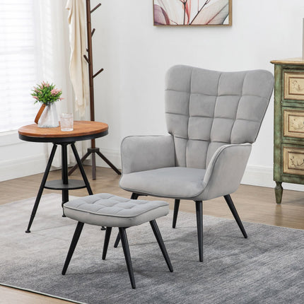 Fauteuil à oreilles avec tabouret, fauteuil lounge, fauteuil de relaxation, fauteuil rembourré aspect velours, fauteuil TV, chaise de salle à manger jusqu'à 120 kg, gris clair