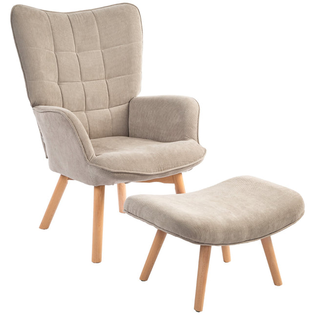 Brown corduroy Wing Chair & Stool Set - Relaxing lounge seating
