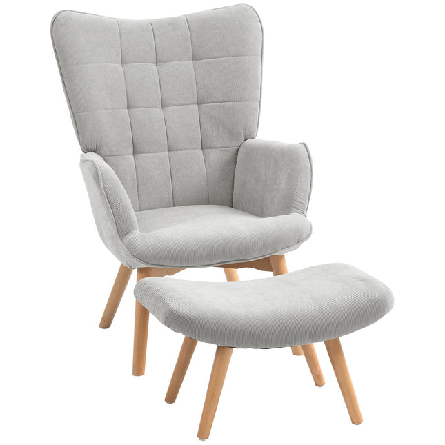 Grauer Cord-Ohrensessel mit Ottoman – Relax-Sessel