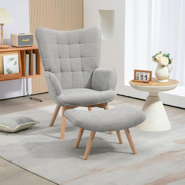 Grauer Cord-Ohrensessel mit Ottoman – Relax-Sessel