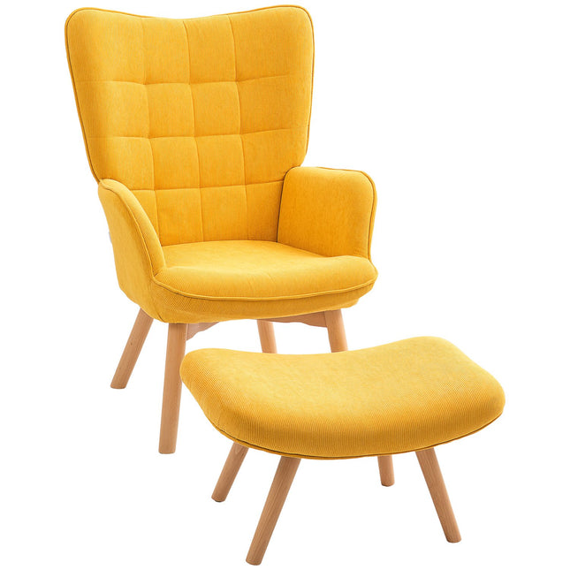Orangener Cord-Ohrensessel mit Hocker, Holzbeine