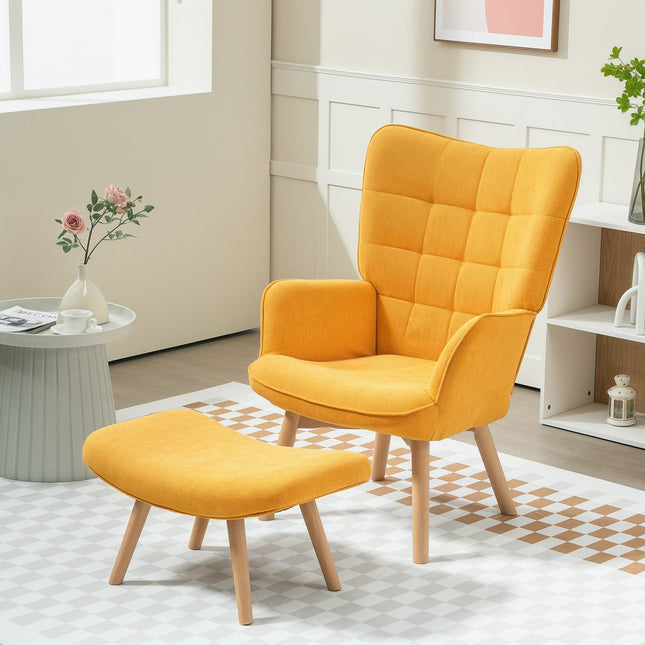 Orangener Cord-Ohrensessel mit Hocker, Holzbeine