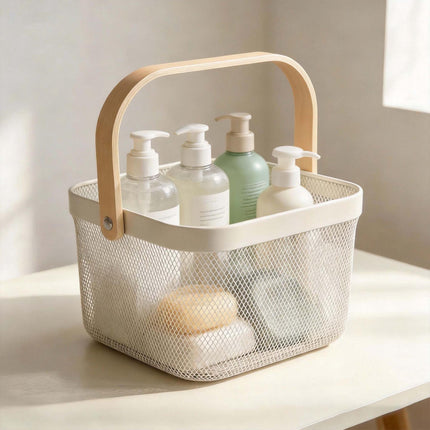 Wire Storage Baskets with Bamboo Handles, Set of 2, Beige