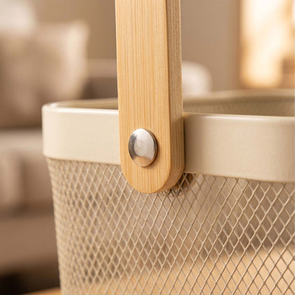 Wire Storage Baskets with Bamboo Handles, Set of 2, Beige