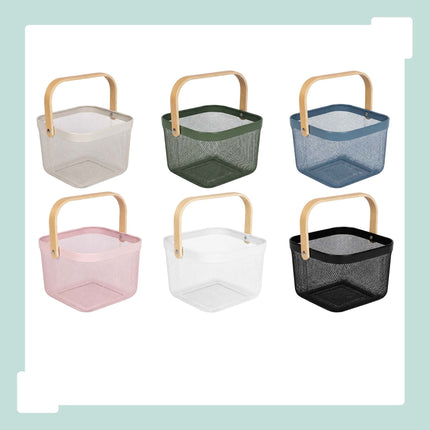 Wire Storage Baskets with Bamboo Handles, Set of 2, Beige