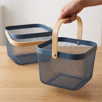 Wire Storage Baskets with Bamboo Handles, Set of 2, Blue