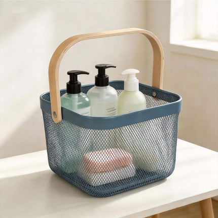 Wire Storage Baskets with Bamboo Handles, Set of 2, Blue
