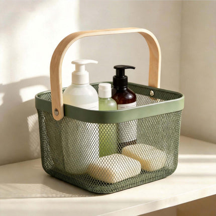 Wire Storage Baskets with Bamboo Handles, Set of 2, Green