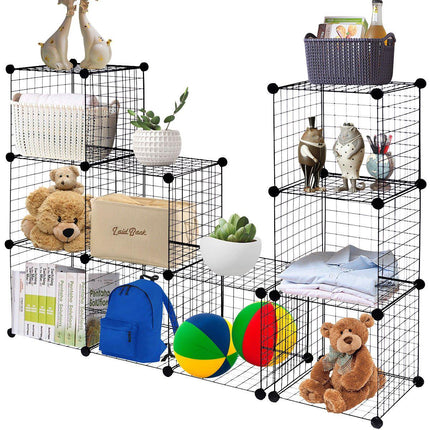 Wire Storage Cubes, 12-Cube Modular Metal Grid, Black
