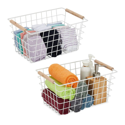 Wire baskets with wooden handles 2-pack