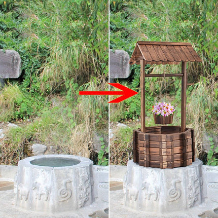 Puits à souhaits pour l'extérieur, fontaine en bois, seau, pot de fleurs, pot de fleurs avec toit