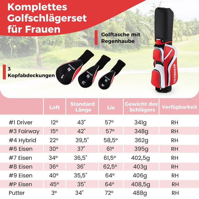 Damengolfschläger-Set für Rechtshänder mit Tasche, Rot