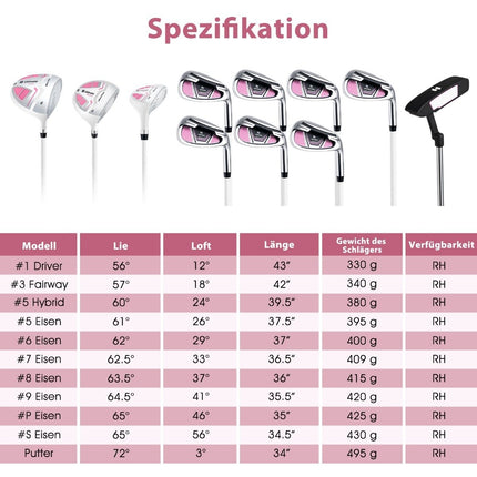 Ensemble de clubs de golf pour femmes, 11 pièces, pour droitier, avec housse de pluie rose