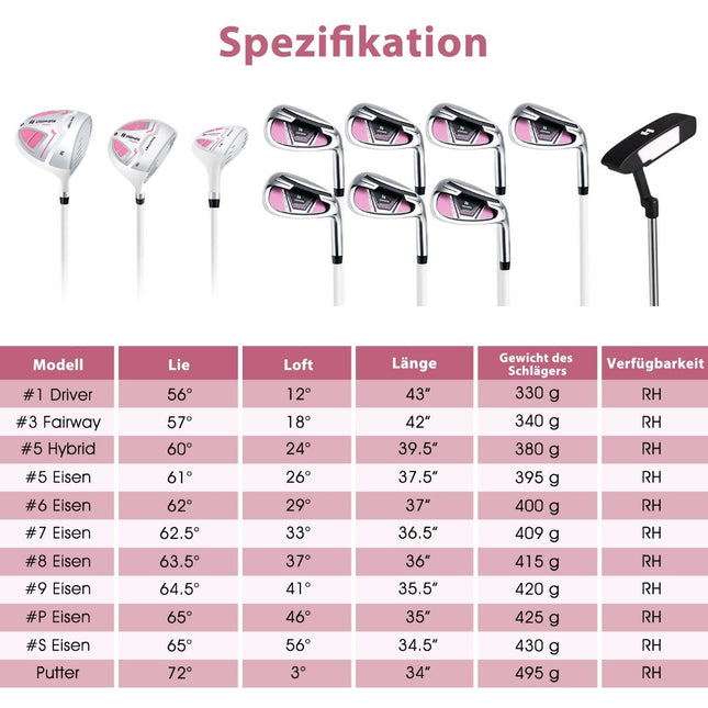 Damen Golfschlägerset 11-teilig Golfschlägersets Rechtshänder mit Regenhülle Pink
