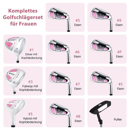 Ensemble de clubs de golf pour femmes, 11 pièces, pour droitier, avec housse de pluie rose