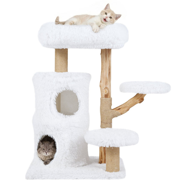 Katzenkratzbaum aus Holz mit Plüschplattformen und 2-stöckigem Katzenhaus