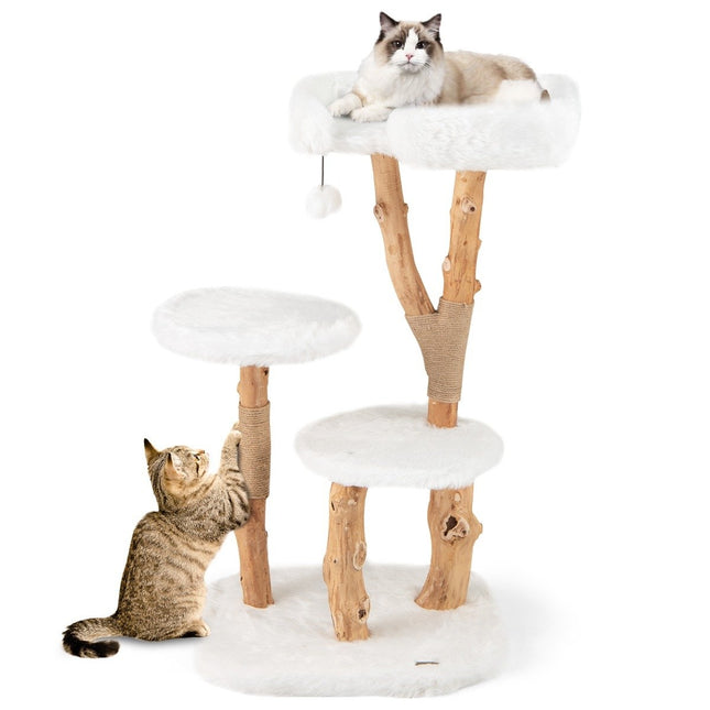 Katzenbaum aus Holz mit Plüschsitz, 2 Plattformen und Jute-Säulen