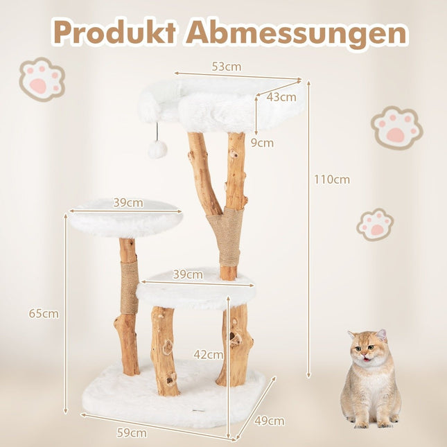 Katzenbaum aus Holz mit Plüschsitz, 2 Plattformen und Jute-Säulen